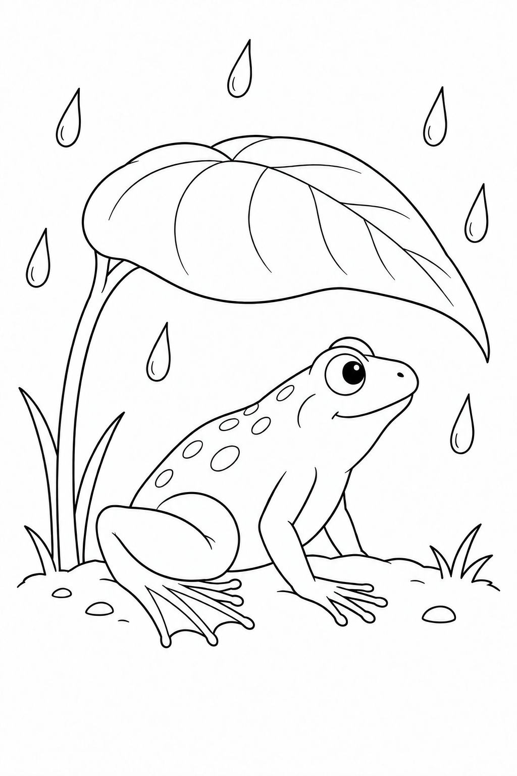 A frog sits beneath an arching leaf while raindrops fall around it.