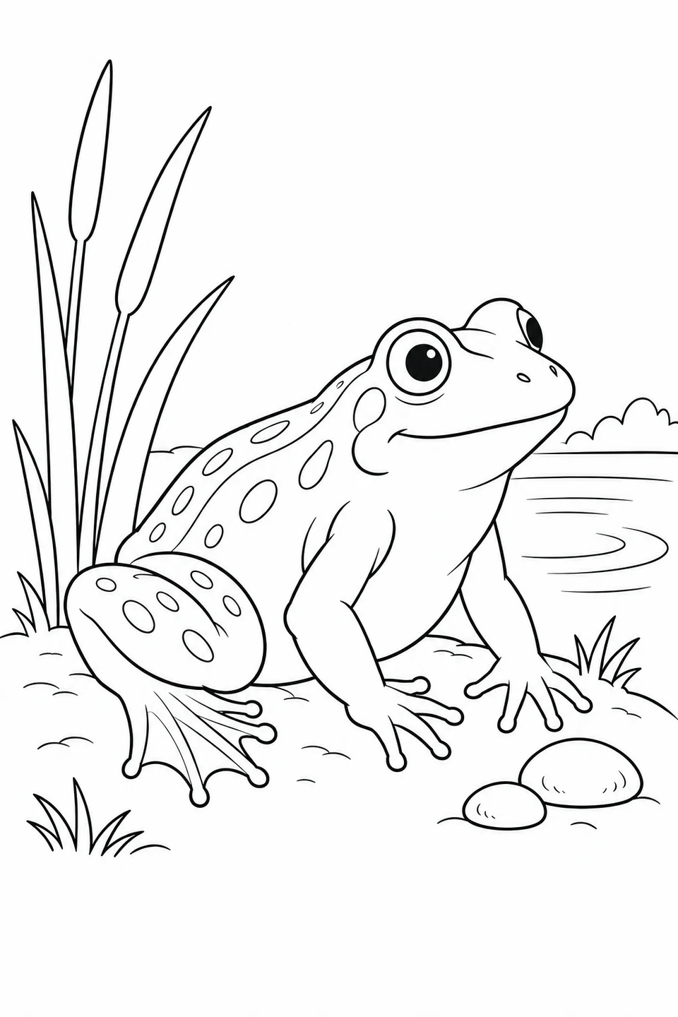 A spotted frog rests on the pond bank beside tall reeds and two pebbles.