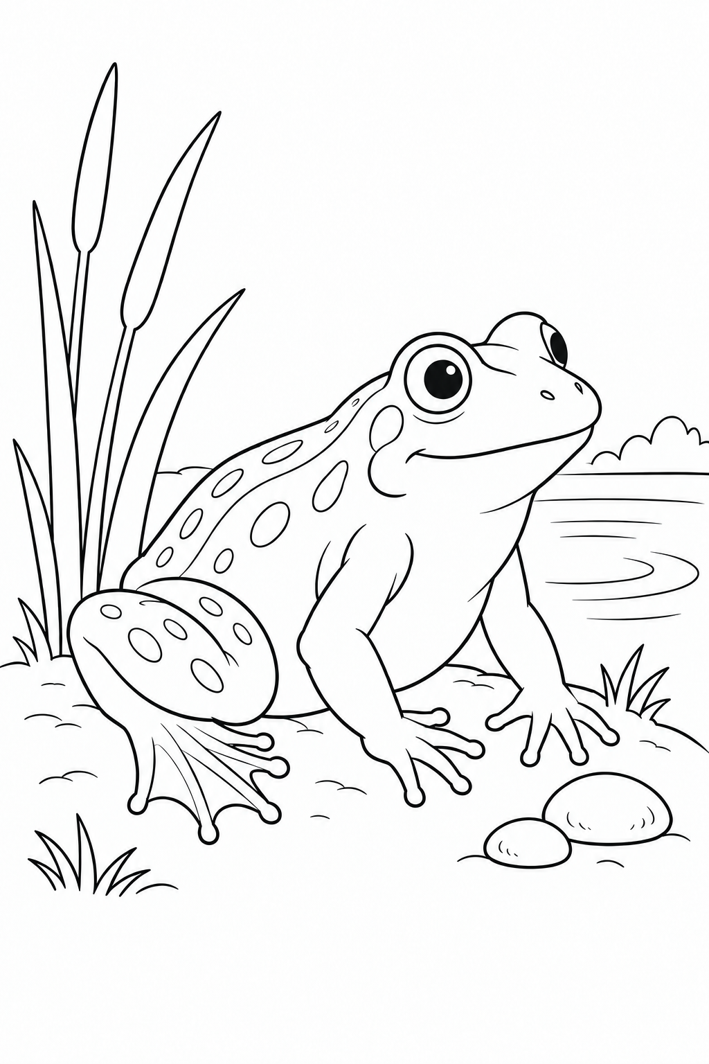 A spotted frog rests on the pond bank beside tall reeds and two pebbles.
