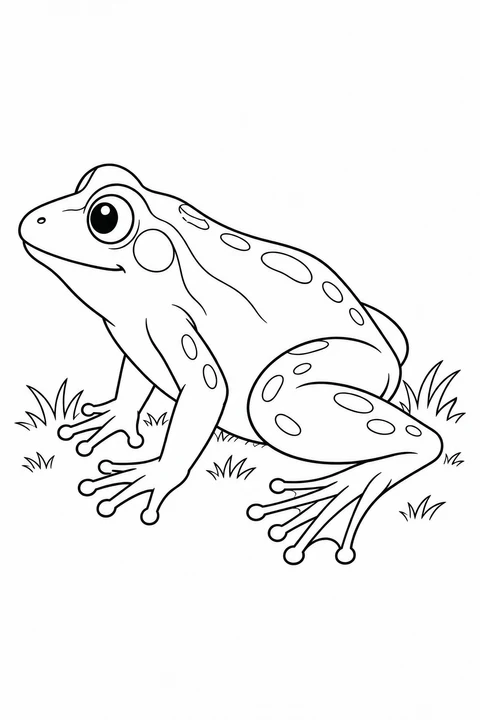 A spotted frog sits in side view on a small patch of grass.