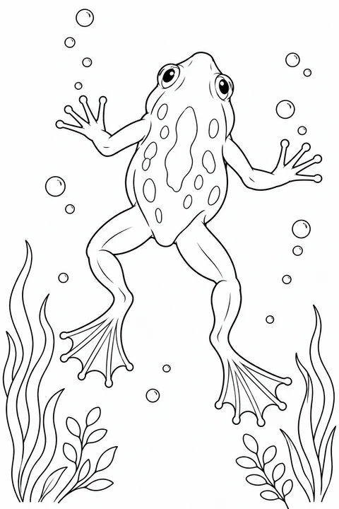 A frog spreads its webbed hind feet as it swims among bubbles and water plants.
