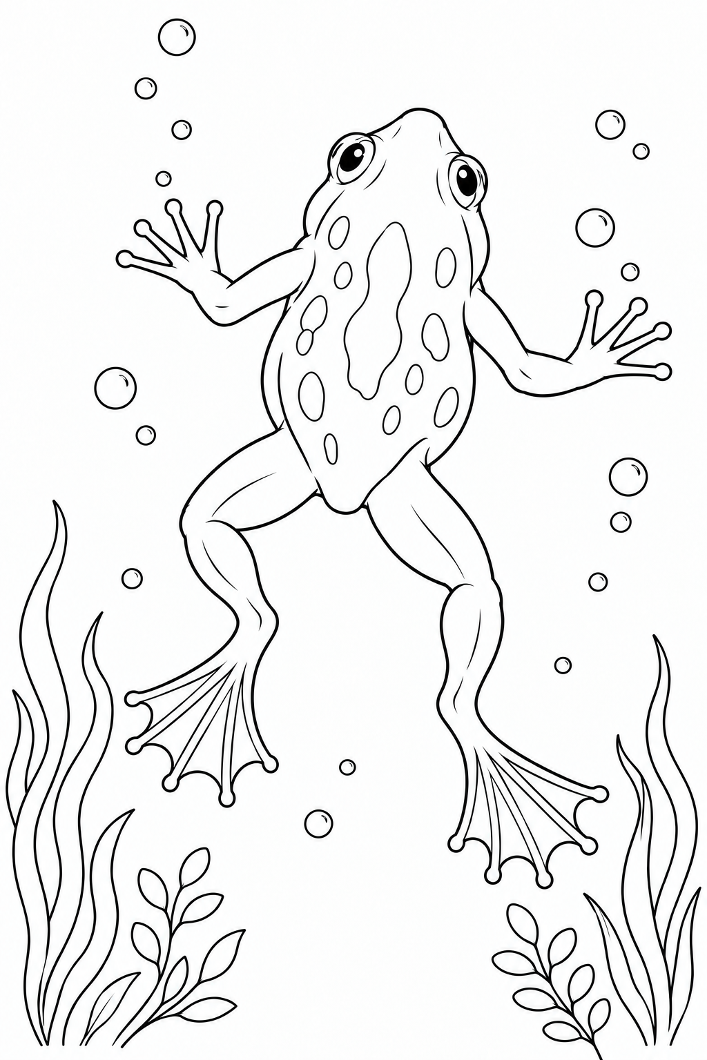 A frog spreads its webbed hind feet as it swims among bubbles and water plants.