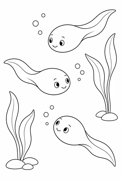 Three legless tadpoles swim in different directions among bubbles and pond plants.