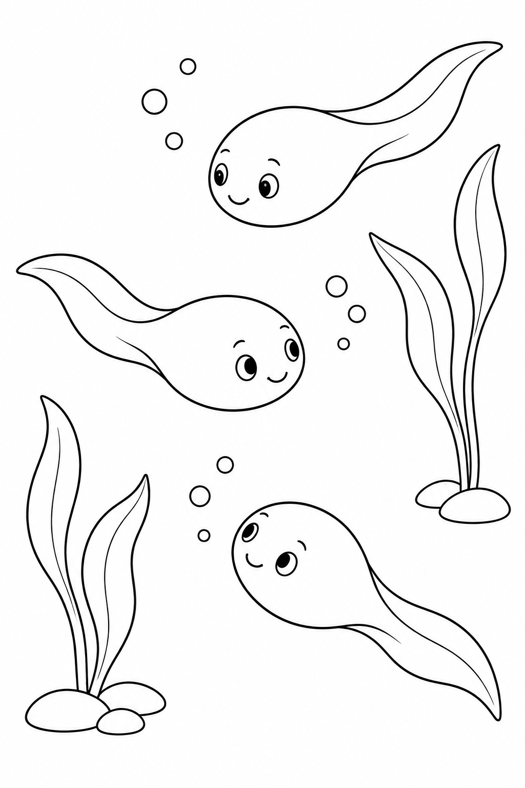Three legless tadpoles swim in different directions among bubbles and pond plants.