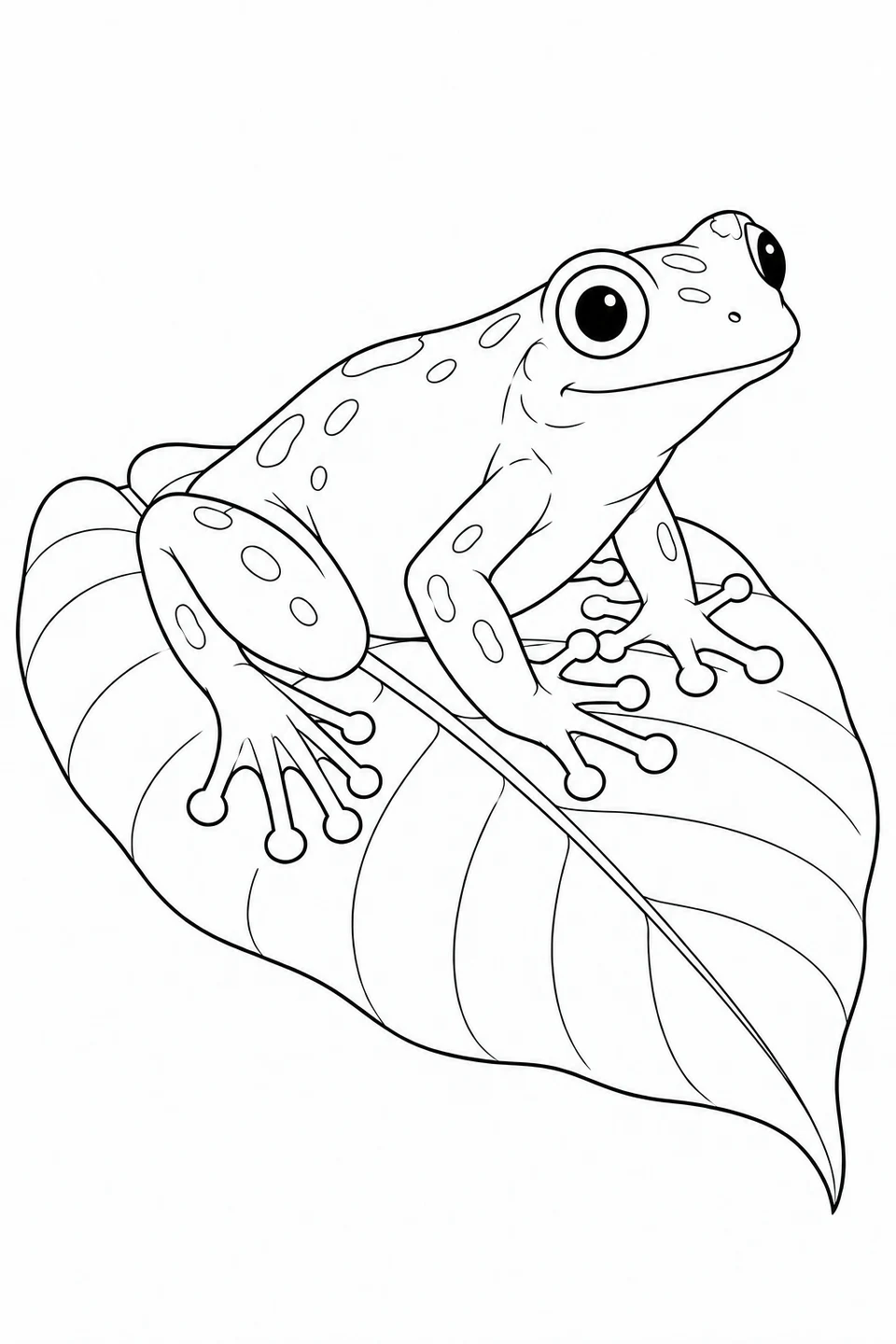 A tree frog rests on a broad leaf, with rounded toe pads and outlined spots.
