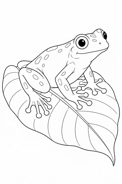 A tree frog rests on a broad leaf, with rounded toe pads and outlined spots.