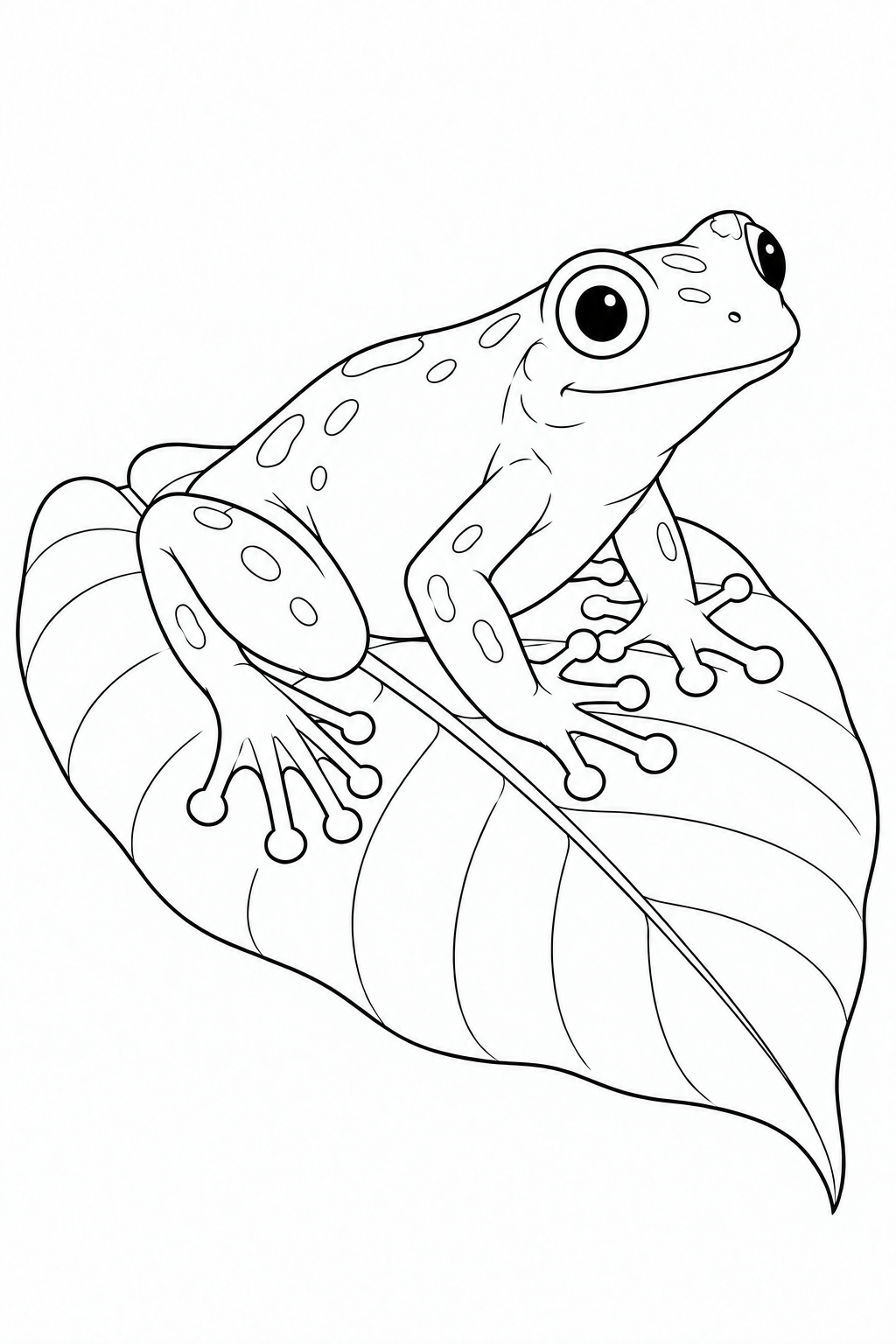 A tree frog rests on a broad leaf, with rounded toe pads and outlined spots.
