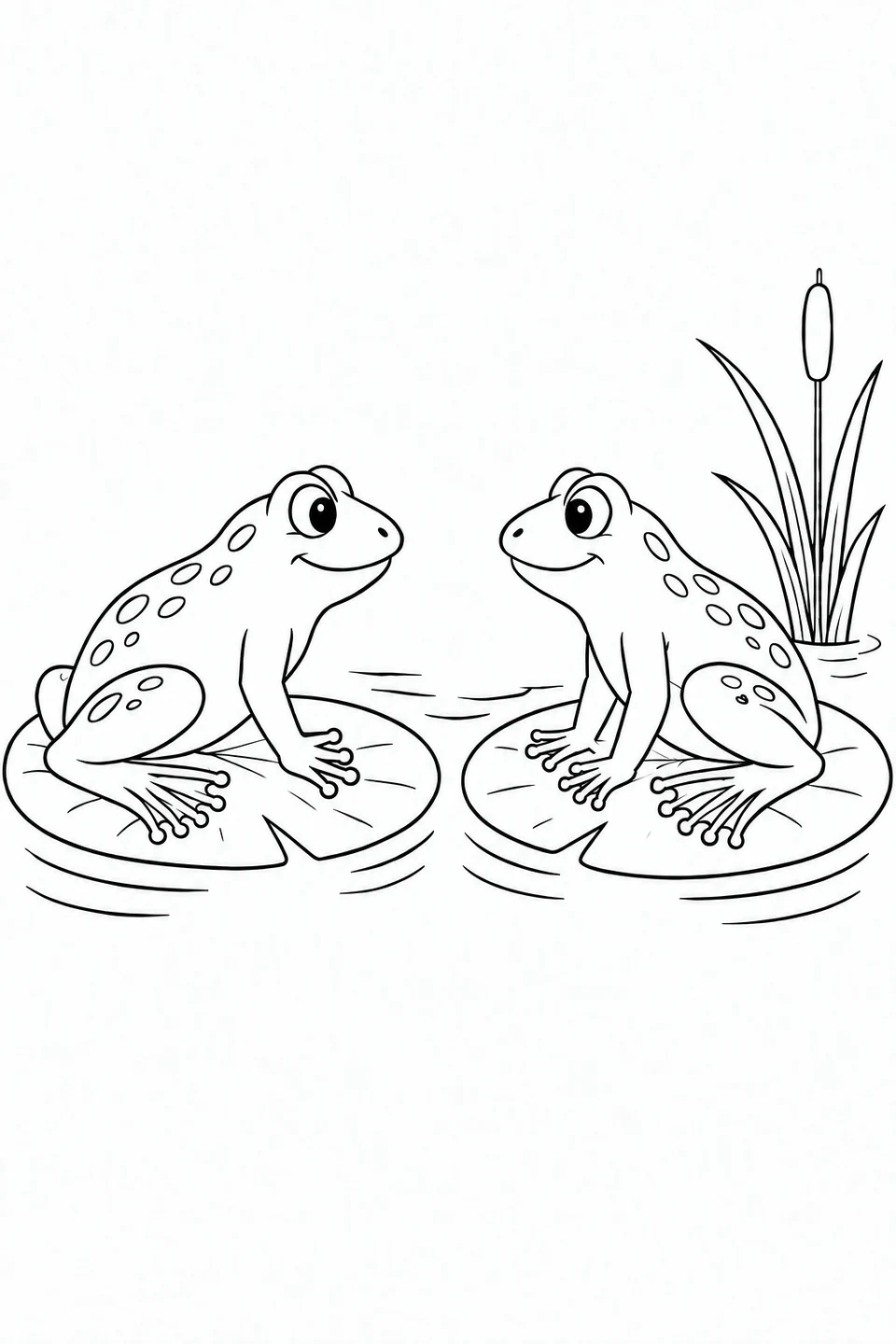 Two frogs face each other from separate lily pads beside a clump of reeds.
