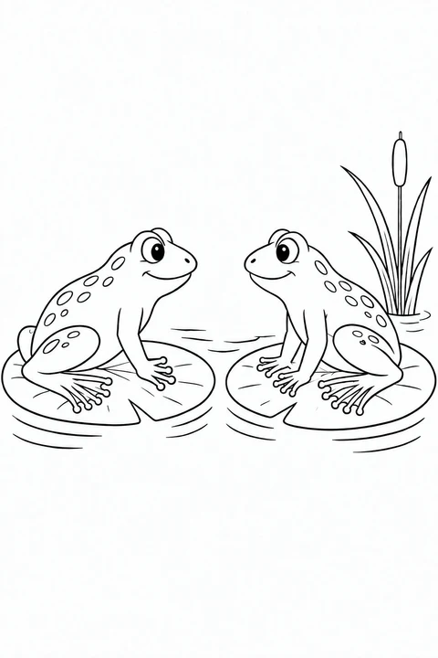 Two frogs face each other from separate lily pads beside a clump of reeds.