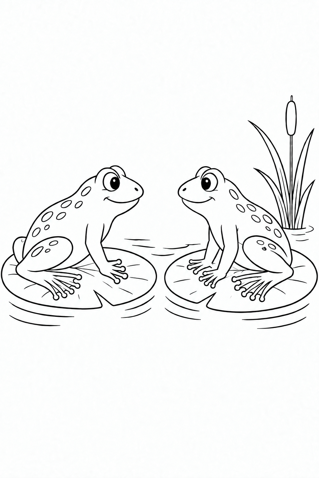 Two frogs face each other from separate lily pads beside a clump of reeds.