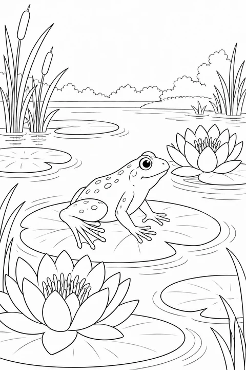 A frog sits on a lily pad among two water lily flowers, ripples and tall pond plants.