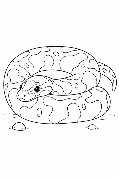 Thick-bodied snake coiled with broad patches and a tapered tail