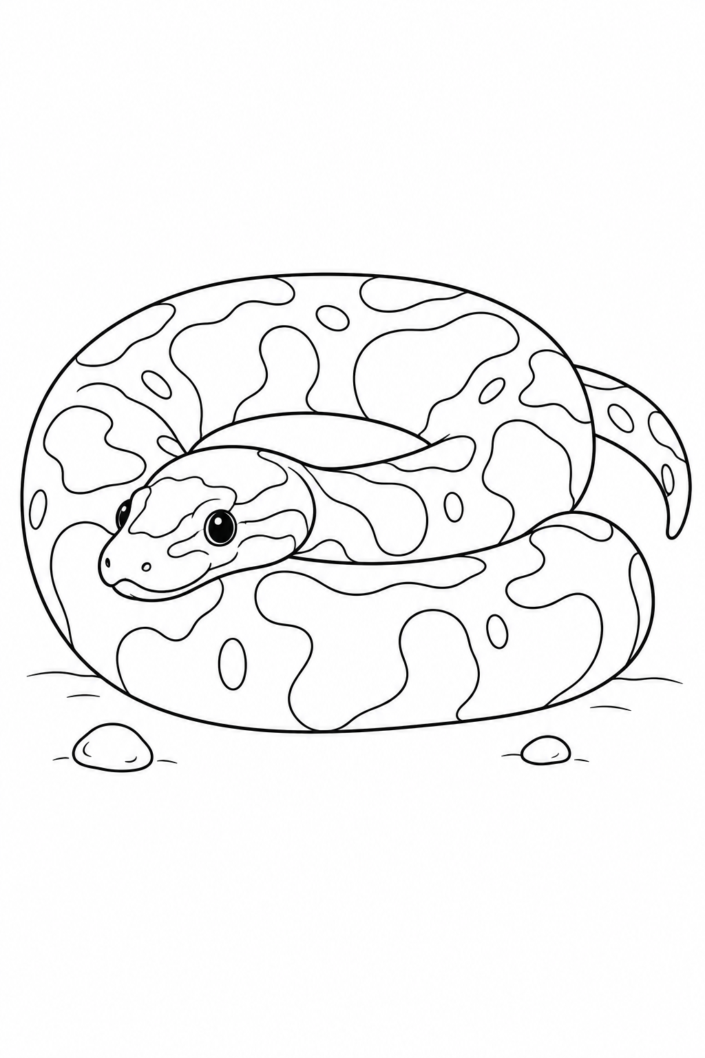 Thick-bodied snake coiled with broad patches and a tapered tail