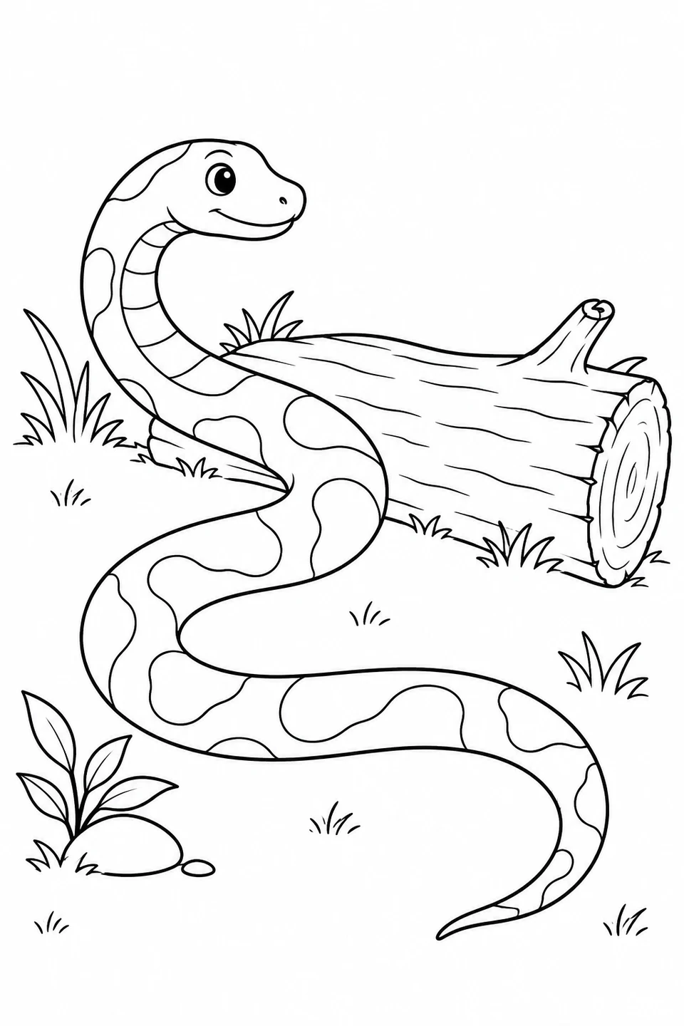 A snake stretches beside a fallen log, surrounded by a few leaves and tufts of grass.