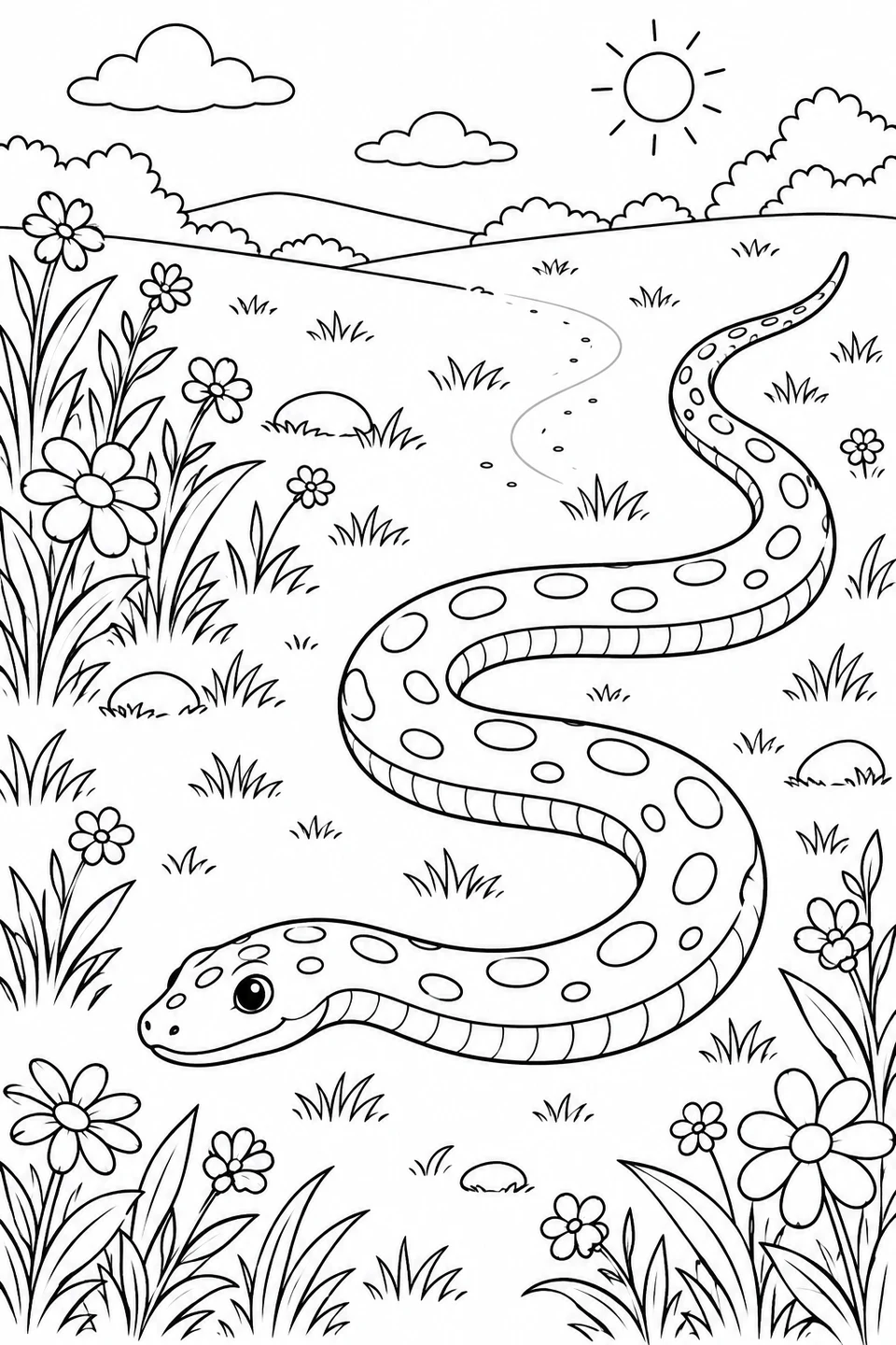 A long spotted snake winds through a sunny meadow framed by flowers and grasses.