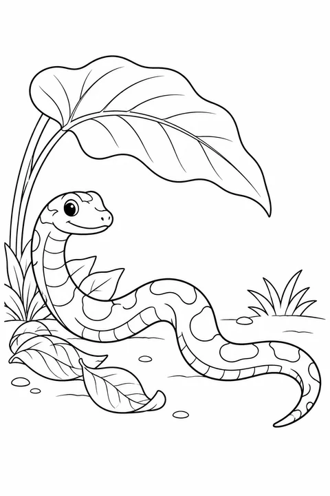 A snake rests beneath a broad leaf beside curled fallen leaves and small pebbles.