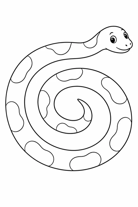 A smiling snake curls into an open spiral with large patches along its body.