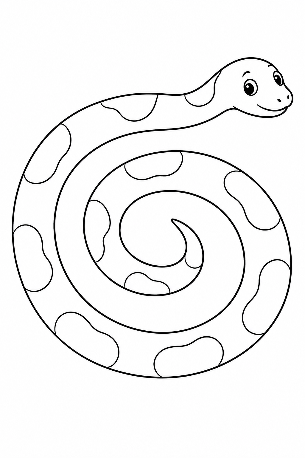 A smiling snake curls into an open spiral with large patches along its body.