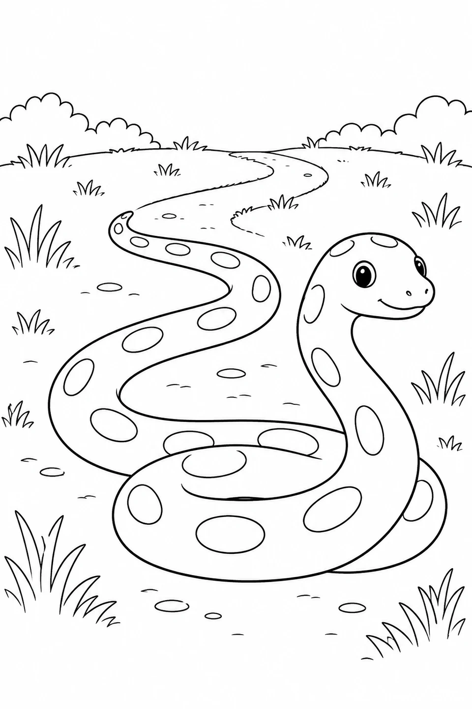 A spotted snake rests in a loose coil on a grassy path that winds into the distance.