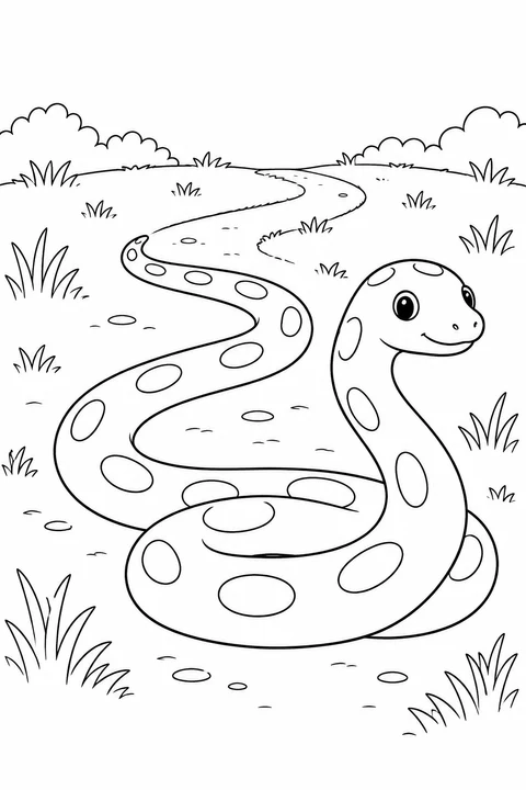A spotted snake rests in a loose coil on a grassy path that winds into the distance.
