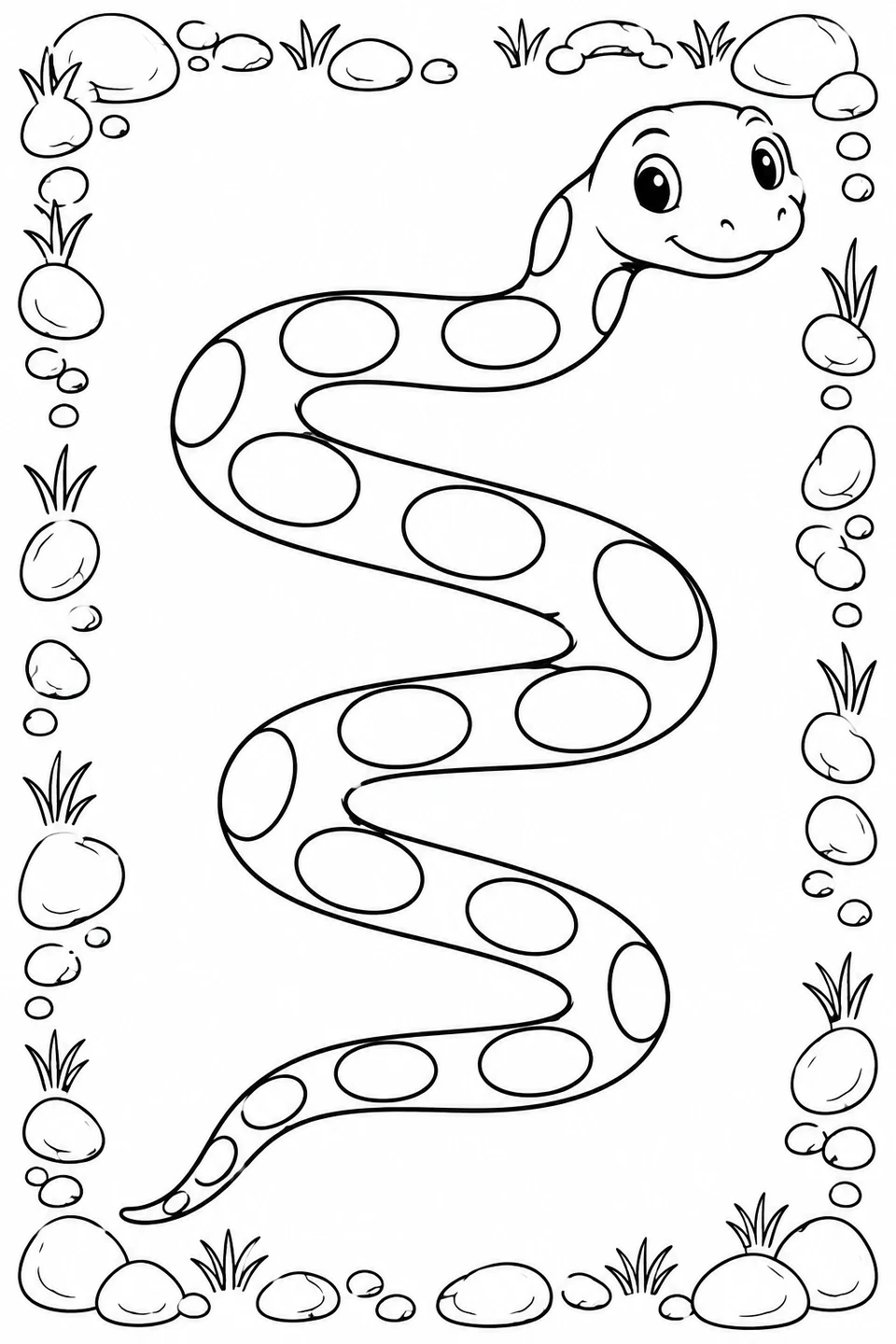 A smiling cartoon snake curves between a border of pebbles and grass, with large oval markings.