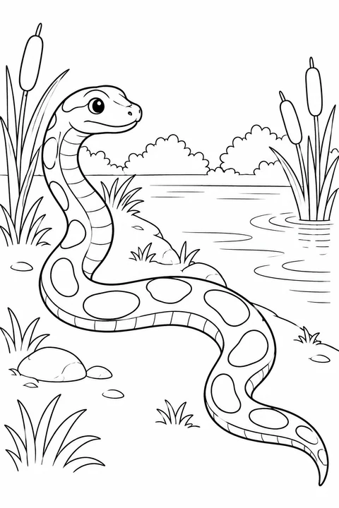 A snake curves along a pond bank between cattails, stones and gentle water ripples.