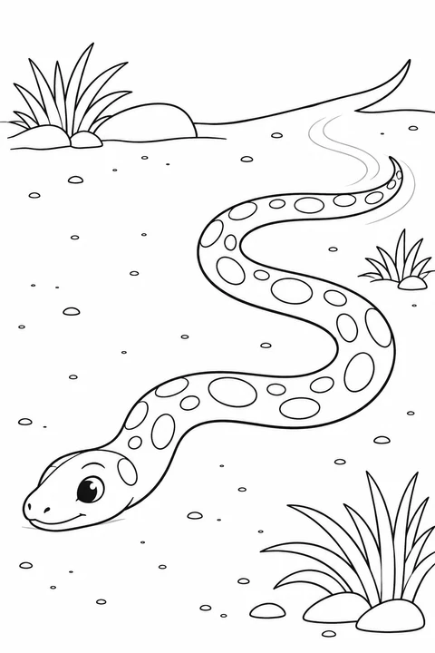 A spotted snake crosses sandy ground, with a winding trail and scattered grass around it.
