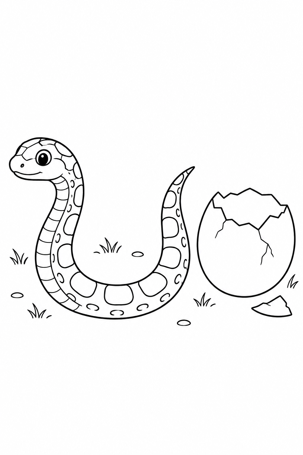 Serpent tacheté près d’un œuf cassé et d’un morceau de coquille