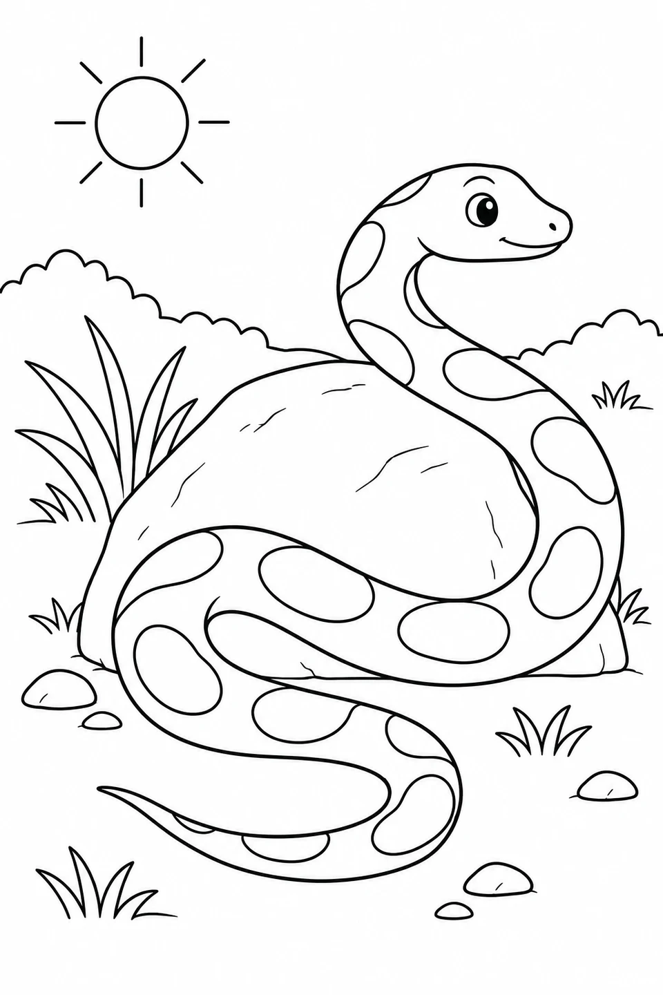 A snake curves around a rounded rock beneath a simple sun, with grass and pebbles nearby.