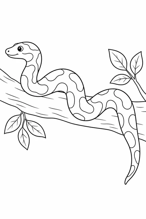 A snake bends along a leafy branch, with its tapered tail hanging below.