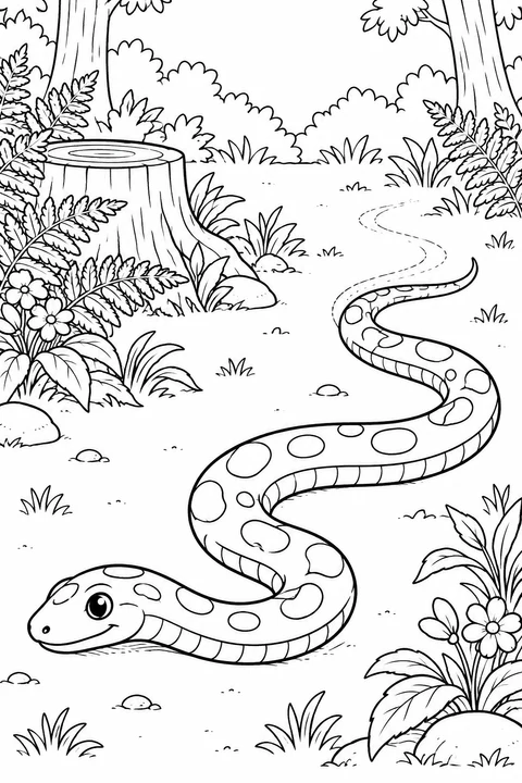 A snake crosses a woodland clearing beside a stump, ferns and small flowers.