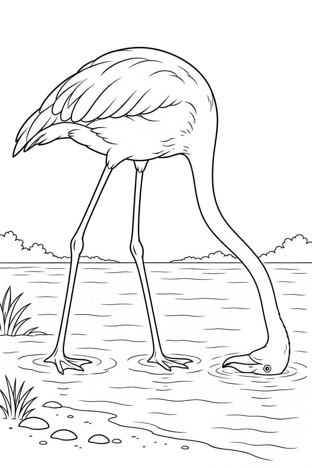 Ein Flamingo hält den Kopf verkehrt herum nach unten, den Schnabel an der Wasseroberfläche.