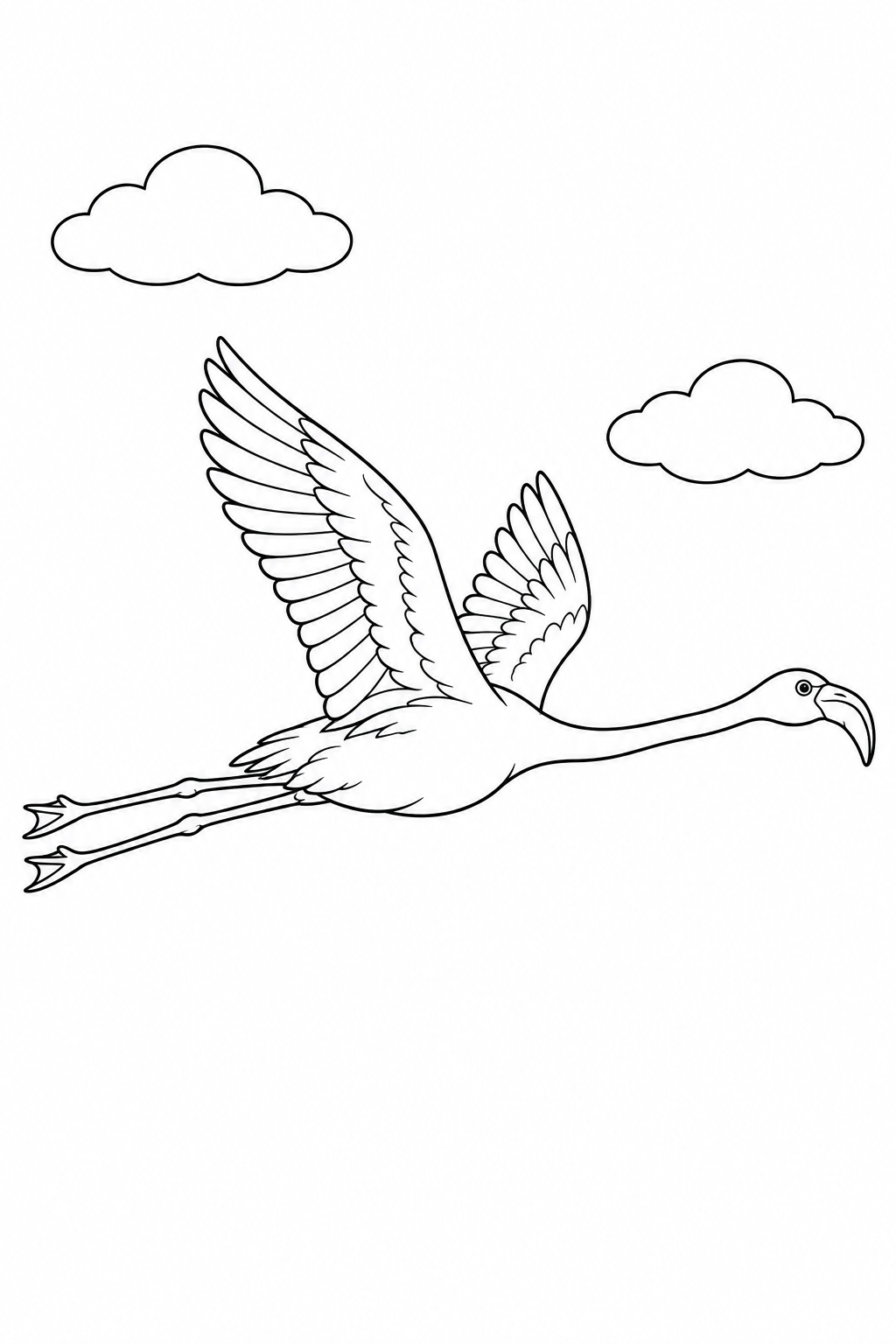 Un flamenco vuela junto a dos nubes con las alas levantadas, el cuello hacia delante y las patas hacia atrás.