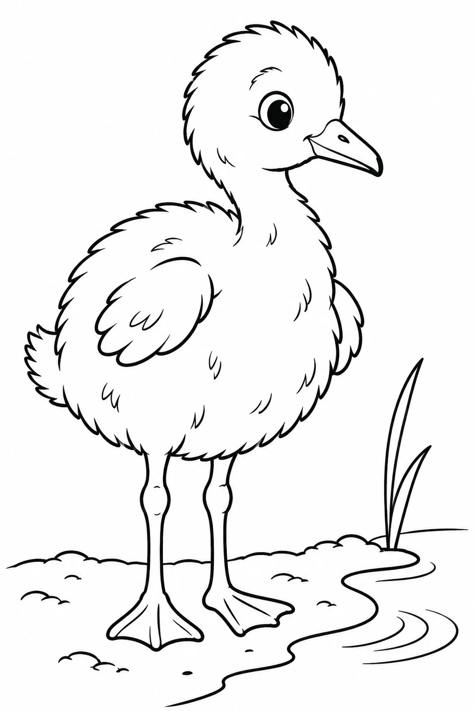 A fluffy flamingo chick with a short, nearly straight bill stands on the bank beside a few water ripples.