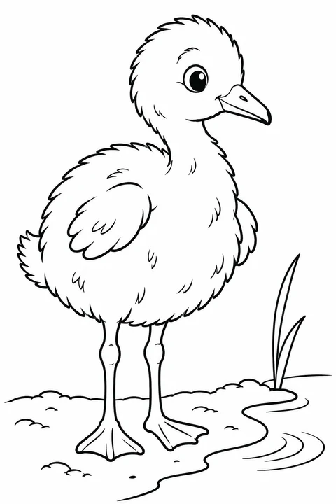 A fluffy flamingo chick with a short, nearly straight bill stands on the bank beside a few water ripples.