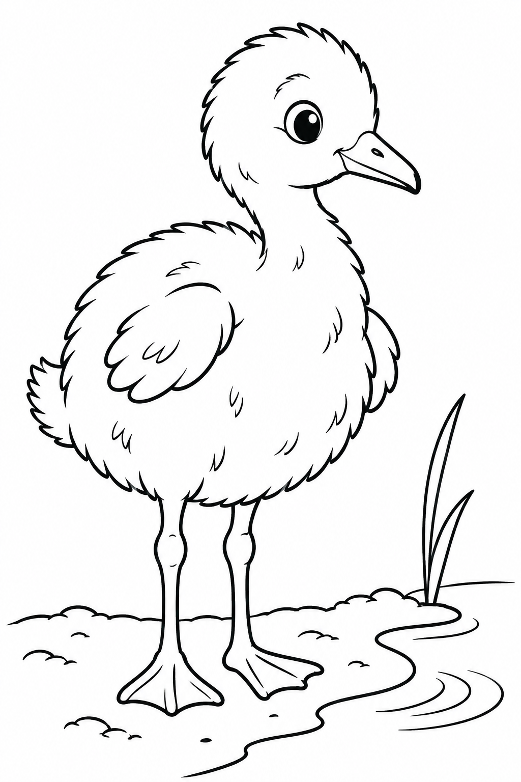 Ein flauschiges Flamingoküken mit kurzem, fast geradem Schnabel steht am Ufer neben kleinen Wellen im Wasser.