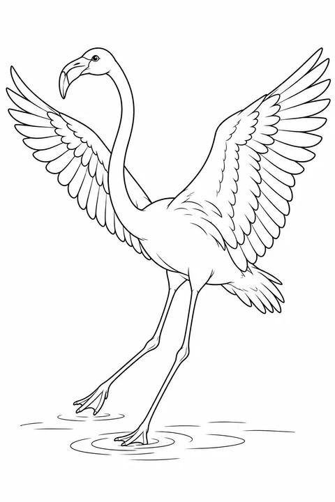 A flamingo spreads its wings and lowers its long legs, with one foot touching the water and the other just above it.
