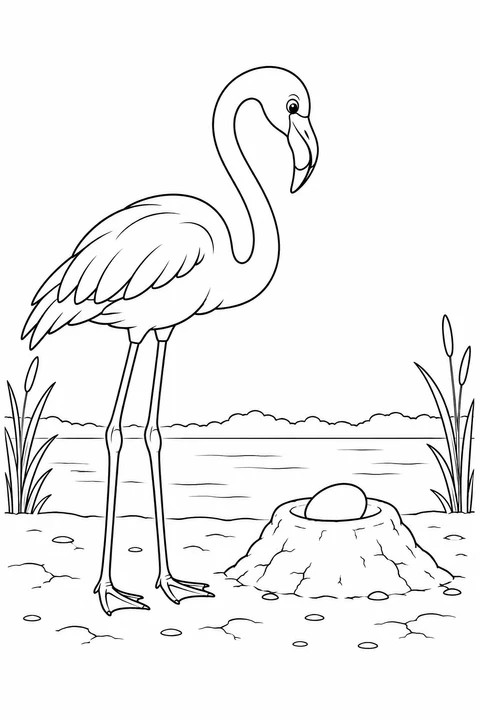 A flamingo stands beside a low mound of mud with one egg in the shallow hollow at the top.