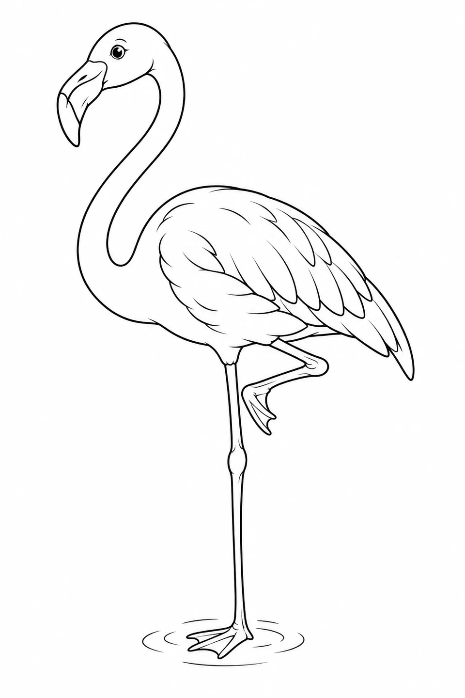 A flamingo balances on one long leg in shallow water, with its other leg folded beneath its body.