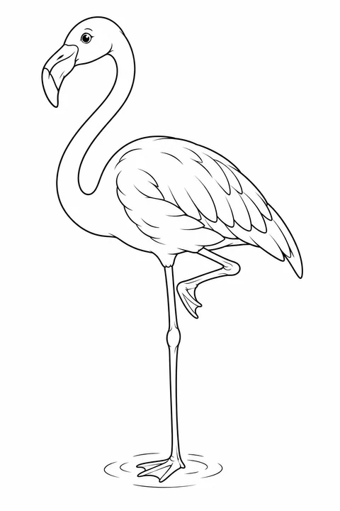 A flamingo balances on one long leg in shallow water, with its other leg folded beneath its body.