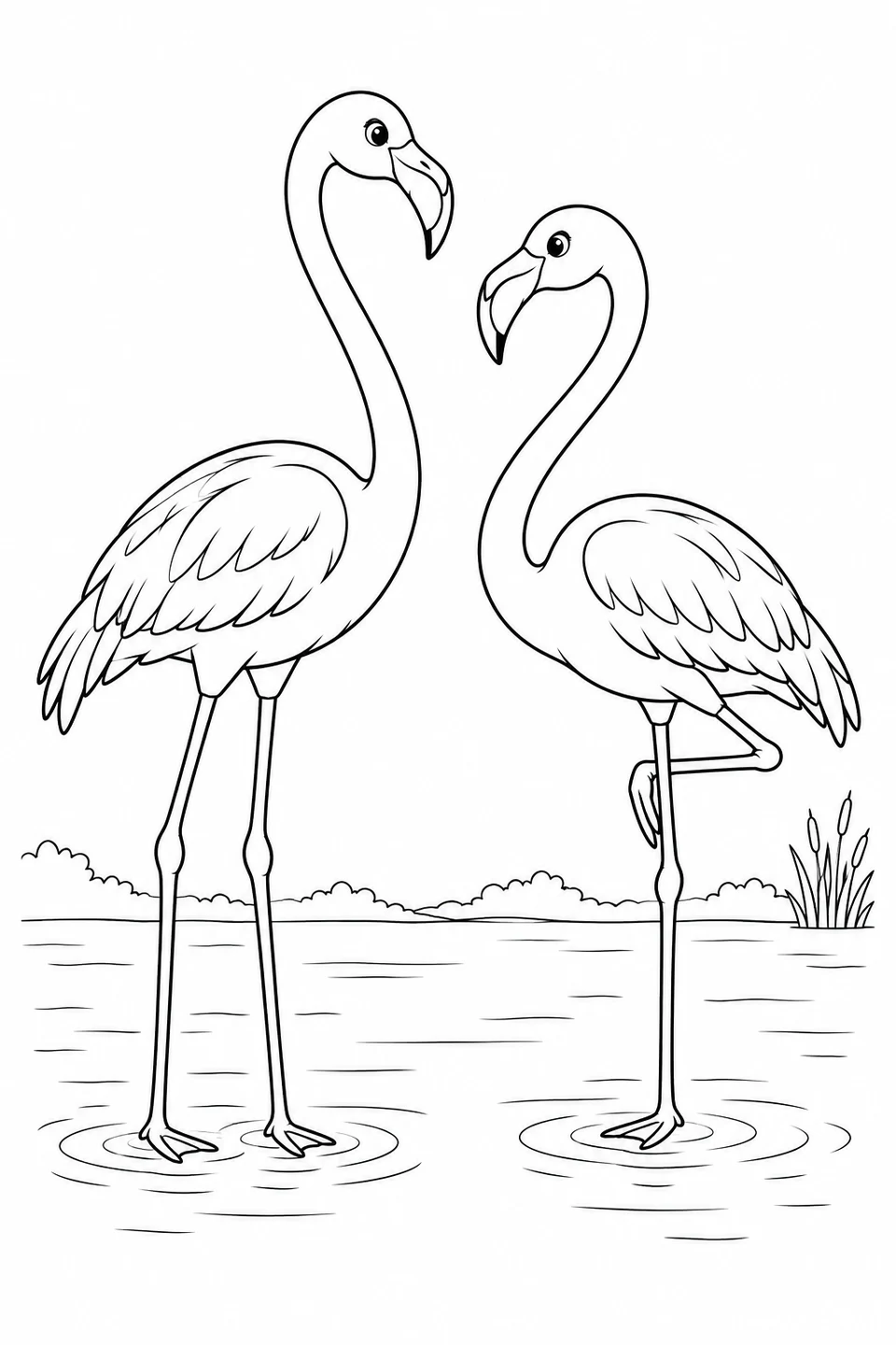 Two flamingos face each other in shallow water, one standing on two legs and the other balancing on one.