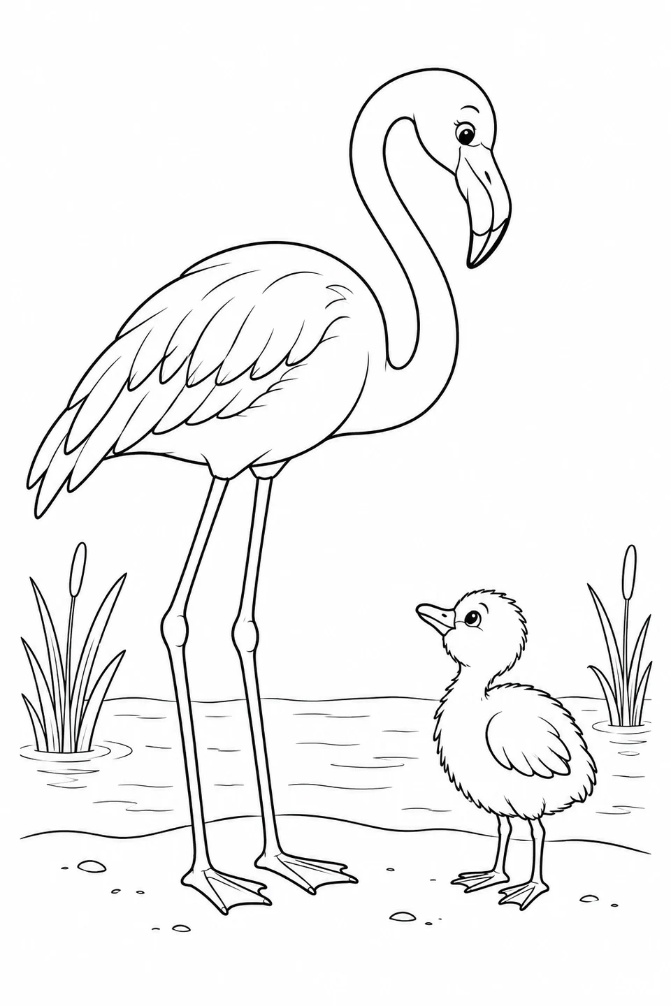 An adult flamingo and a fluffy chick face each other beside water plants.