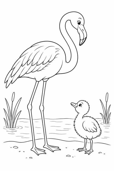 An adult flamingo and a fluffy chick face each other beside water plants.