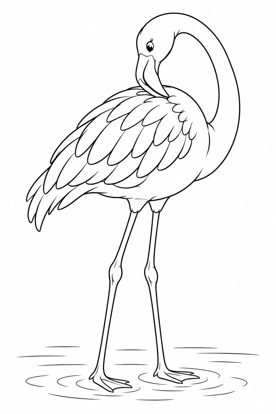 A flamingo bends its neck back and touches its folded wing with its bill.