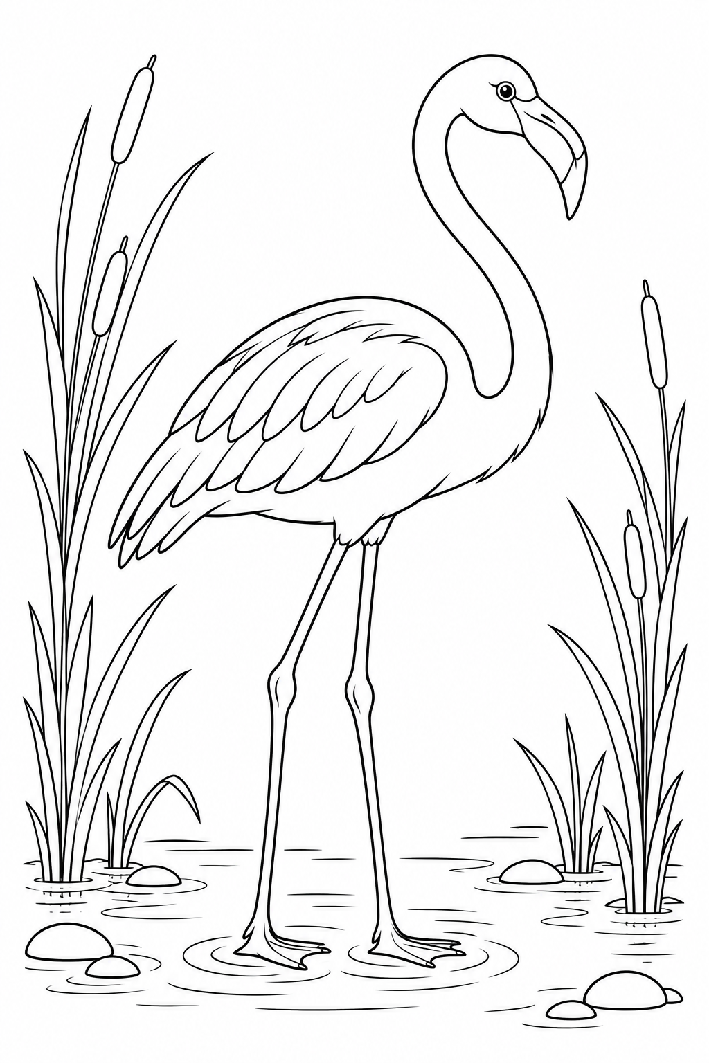 A flamingo stands among tall water plants, smooth stones and ripples.