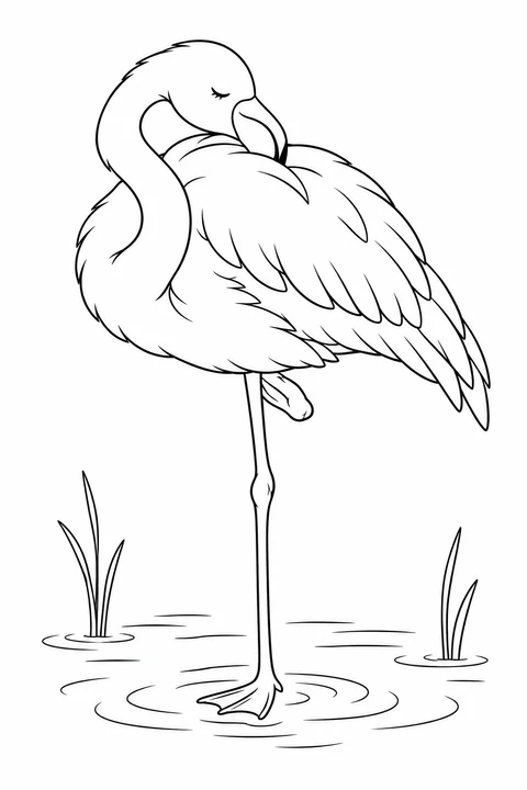 A flamingo closes its eye and tucks its head against its feathers while resting on one leg.