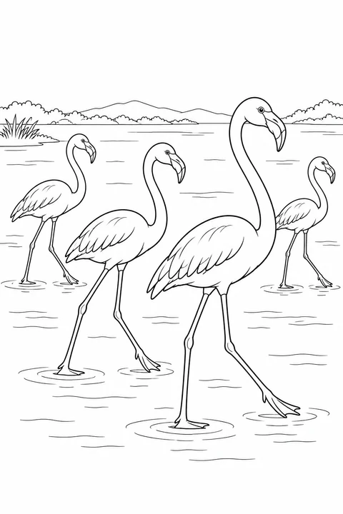 Four flamingos walk through water, with two larger birds in front and two smaller ones behind.