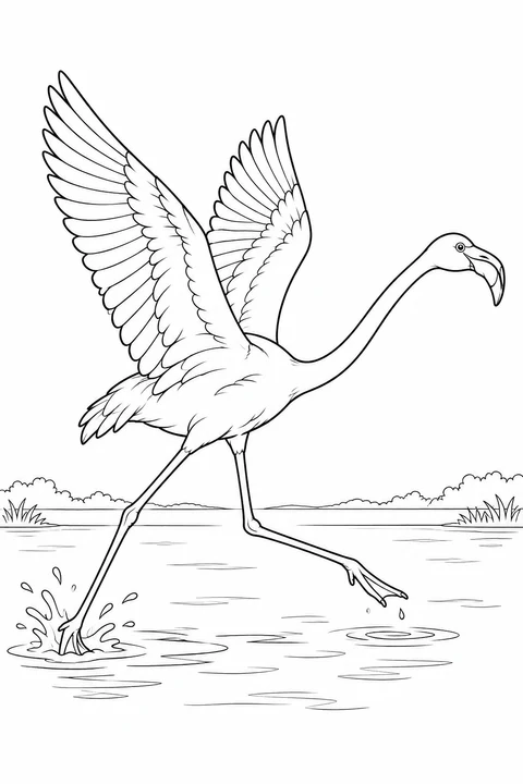 A flamingo raises its wings and runs through shallow water, pushing off with one foot as small splashes rise behind it.