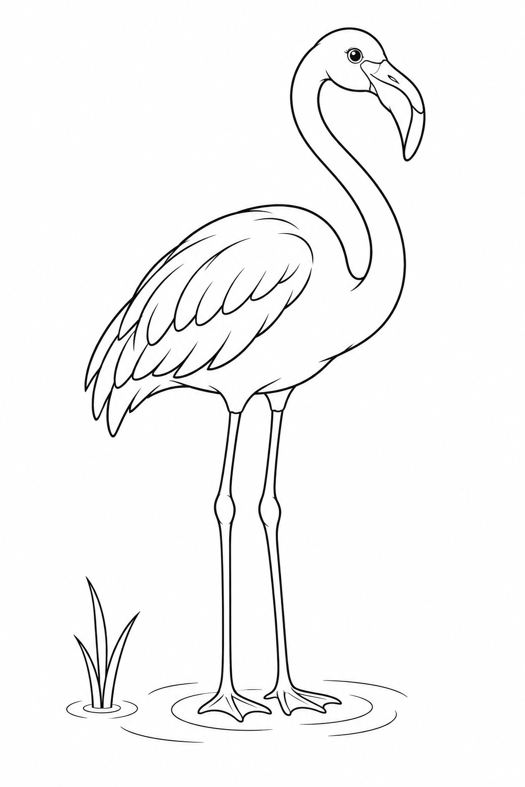 Ein Flamingo steht auf beiden Füßen im Wasser, mit angelegten Flügeln, gebogenem Hals und kleinen Wellen um die Zehen.