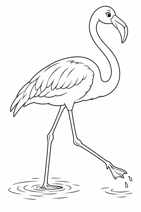 A flamingo takes a long step through shallow water, lifting one webbed foot above the ripples.